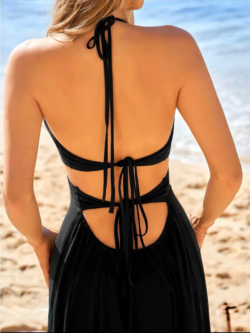 Women's Black Halter Cutout Maxi Dress - Elegant Beach Style - Picture 2 of 6